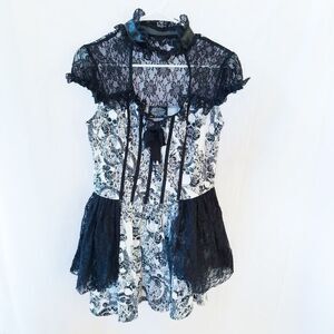 Hearts & Roses Skulls and Roses Mini Dress Size 8 Lace Choker Black White Goth